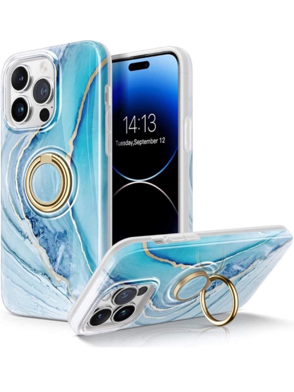 Blue Marble Ring Grip Phone Case with Gold Ring